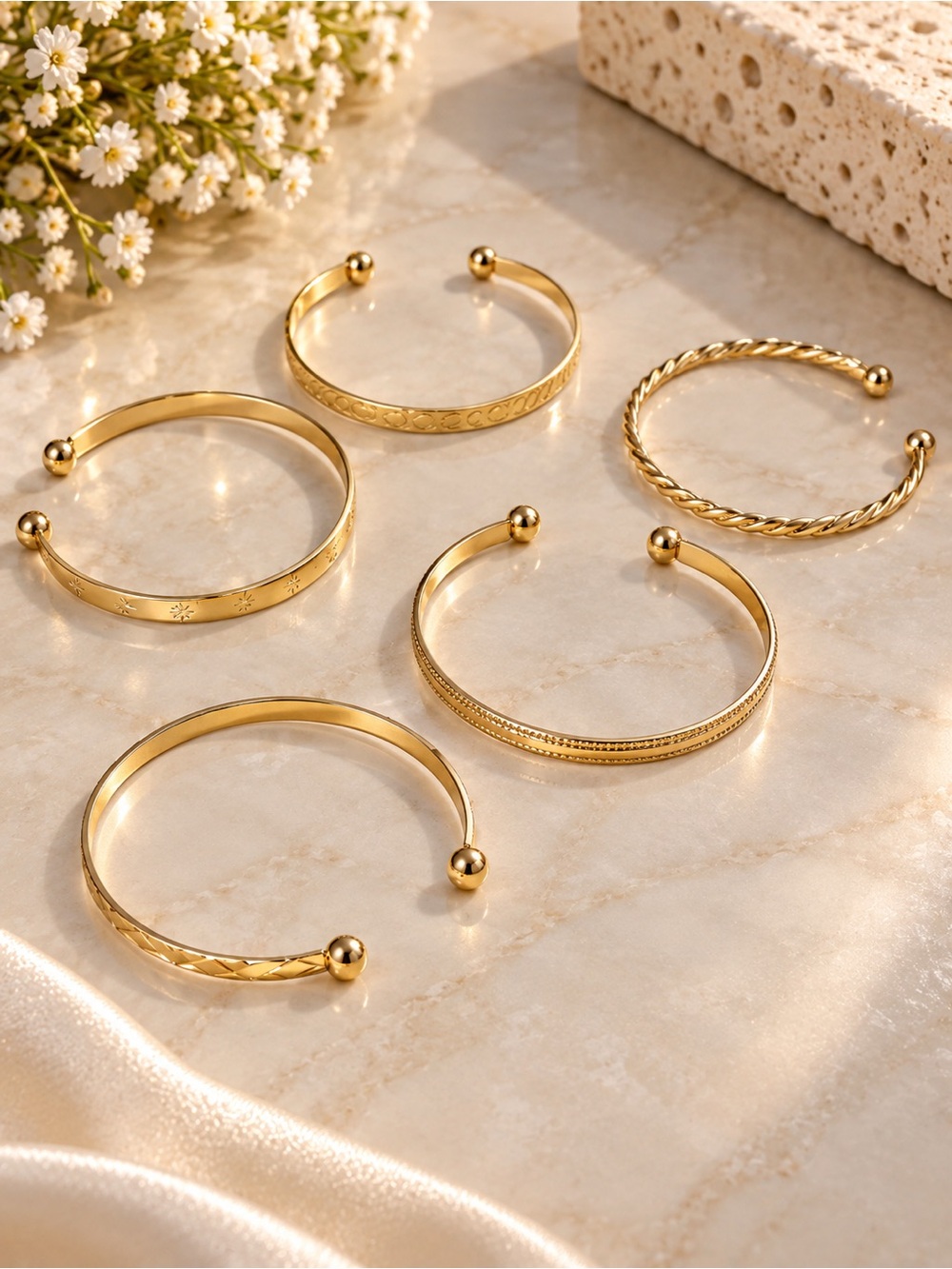 Gold Open Cuff Bracelet Set - Elegant Women's Jewelry